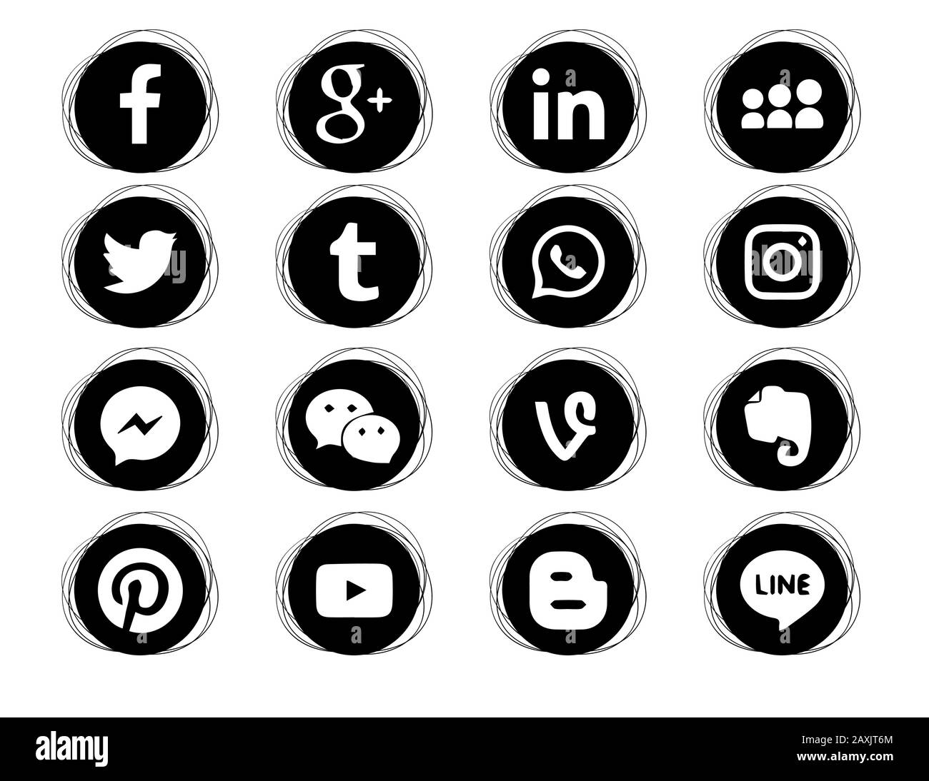 Round doodle icons. Black color. Collection of popular social media icons  on a white background Facebook, Instagram, Linkedin, Pinterest, Twitter,  Lin Stock Vector Image & Art - Alamy