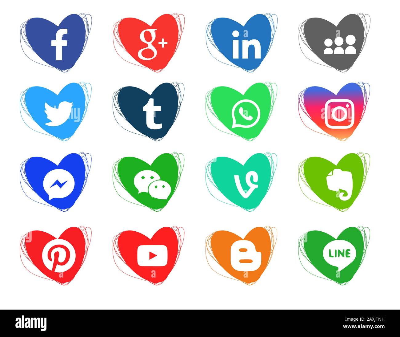 Hearts doodles color icons. Collection of popular social media icons on