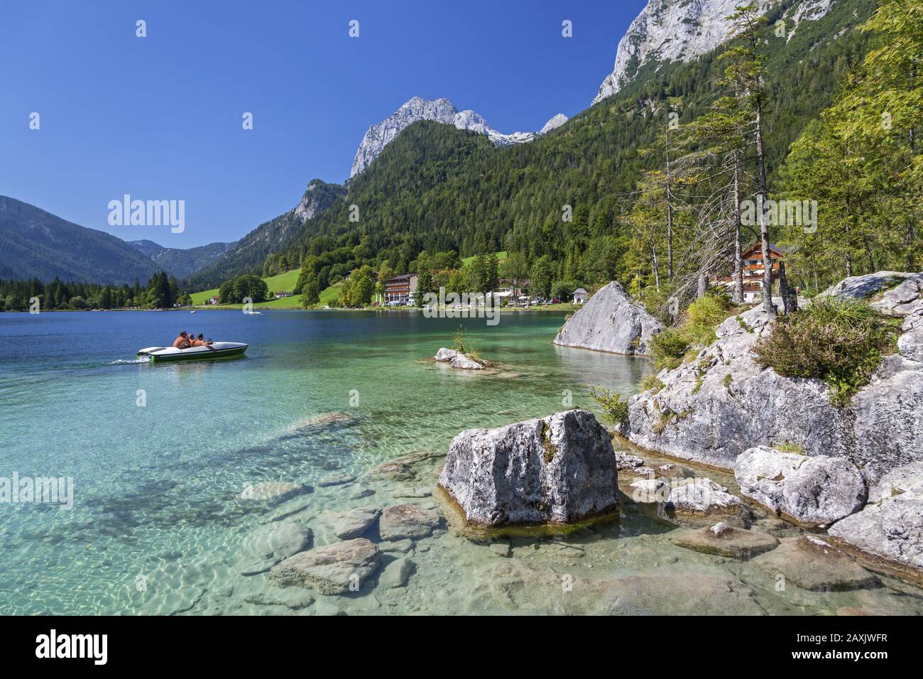 Lake Hintersee In Front Of The Mountains Of The Reiter Alm Ramsau Berchtesgaden Alps Berchtesgadener Land Upper Bavaria Bavaria Southern Germany Stock Photo Alamy