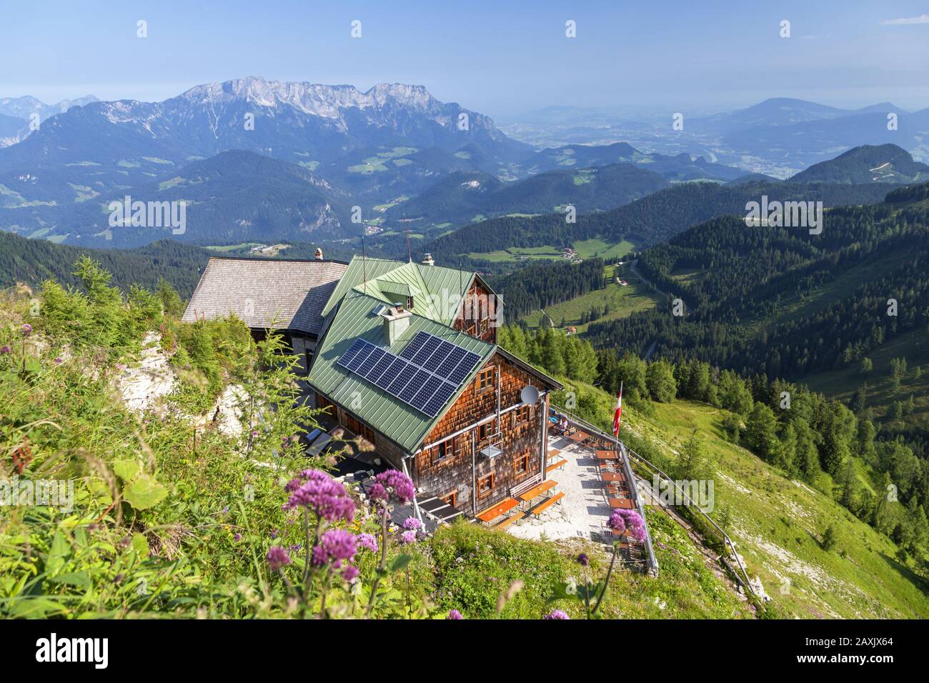 Purtschellerhaus on the border, Untersberg (1,973 m) behind, at Berchtesgaden, Berchtesgadener Land, Upper Bavaria, Bavaria, southern Germany, Germany Stock Photo