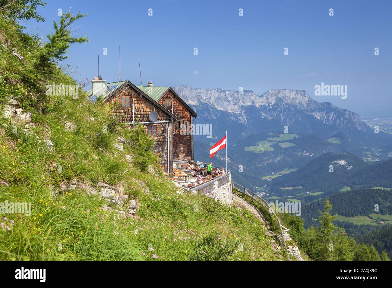 Purtschellerhaus on the border, Untersberg (1,973 m) behind, at Berchtesgaden, Berchtesgadener Land, Upper Bavaria, Bavaria, southern Germany, Germany Stock Photo