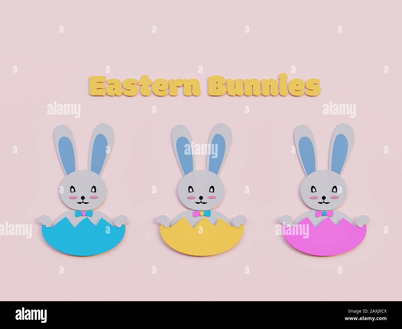 Easter Bunnies minimalism Art paper cut - 3D Rendering Concept Stock Photo