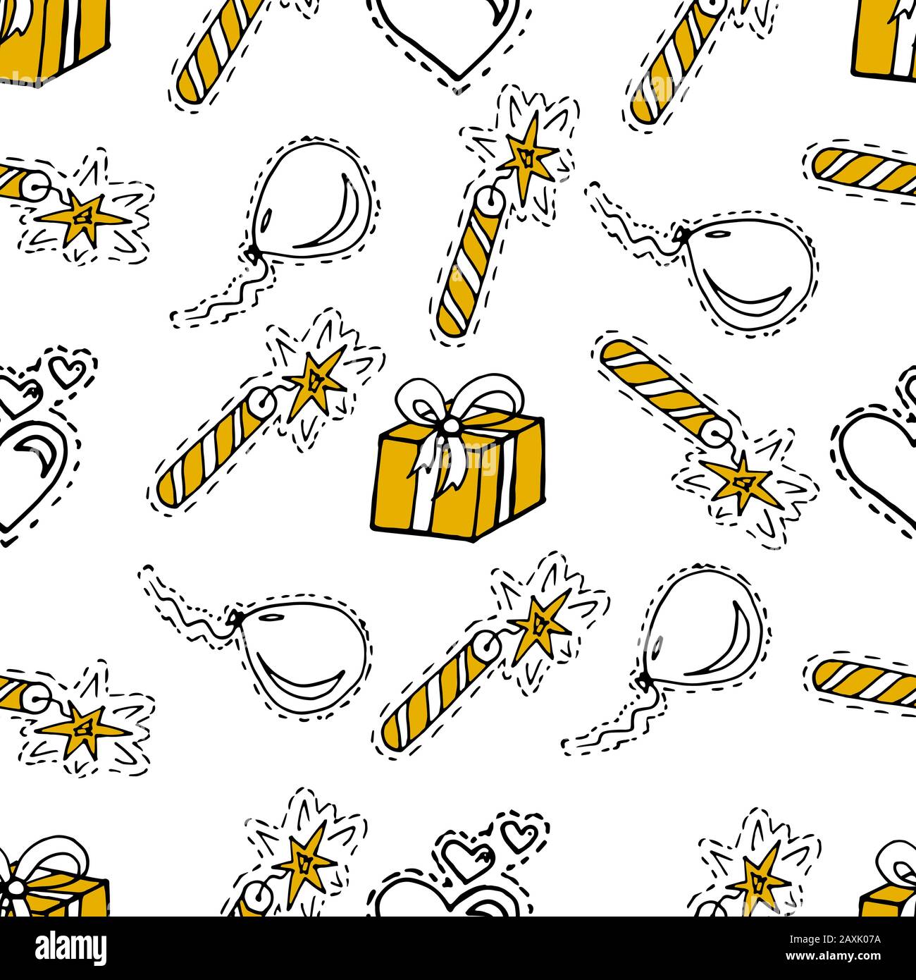 Kids, Cartoon seamless pattern. Lovely pictures for your creativity. Skarpbuking. Textiles, cartoon background. Gifts, balloons, firecrackers Stock Vector