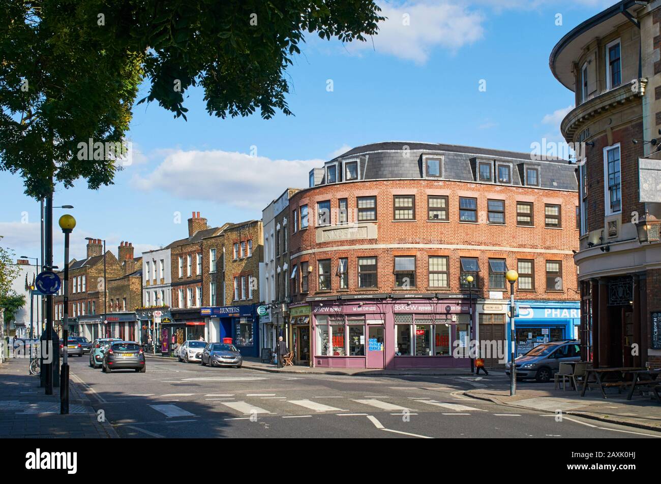Stoke Newington Church Street, North London UK, with cafes and shops Stock Photo