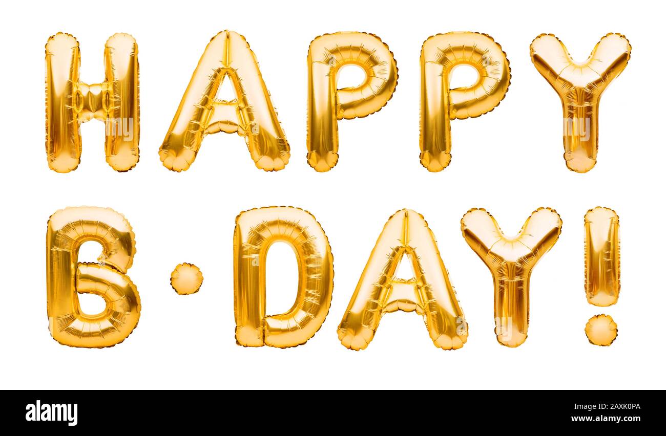 Words HAPPY BDAY made of golden inflatable balloons isolated on white