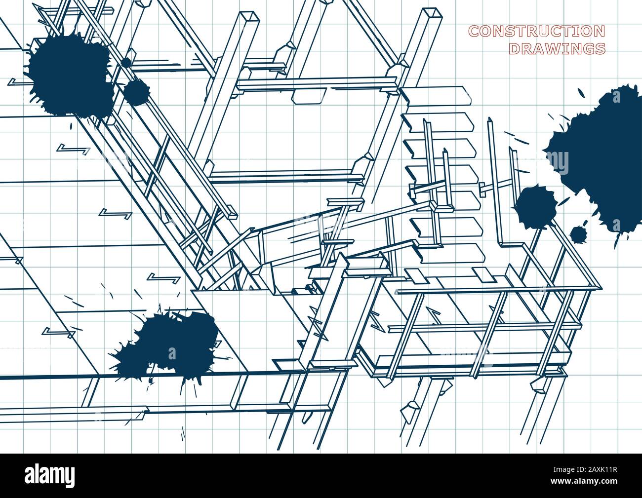 Building. Metal constructions. Volumetric constructions. 3D design. Abstract background. Draft. Ink. Blots Stock Vector