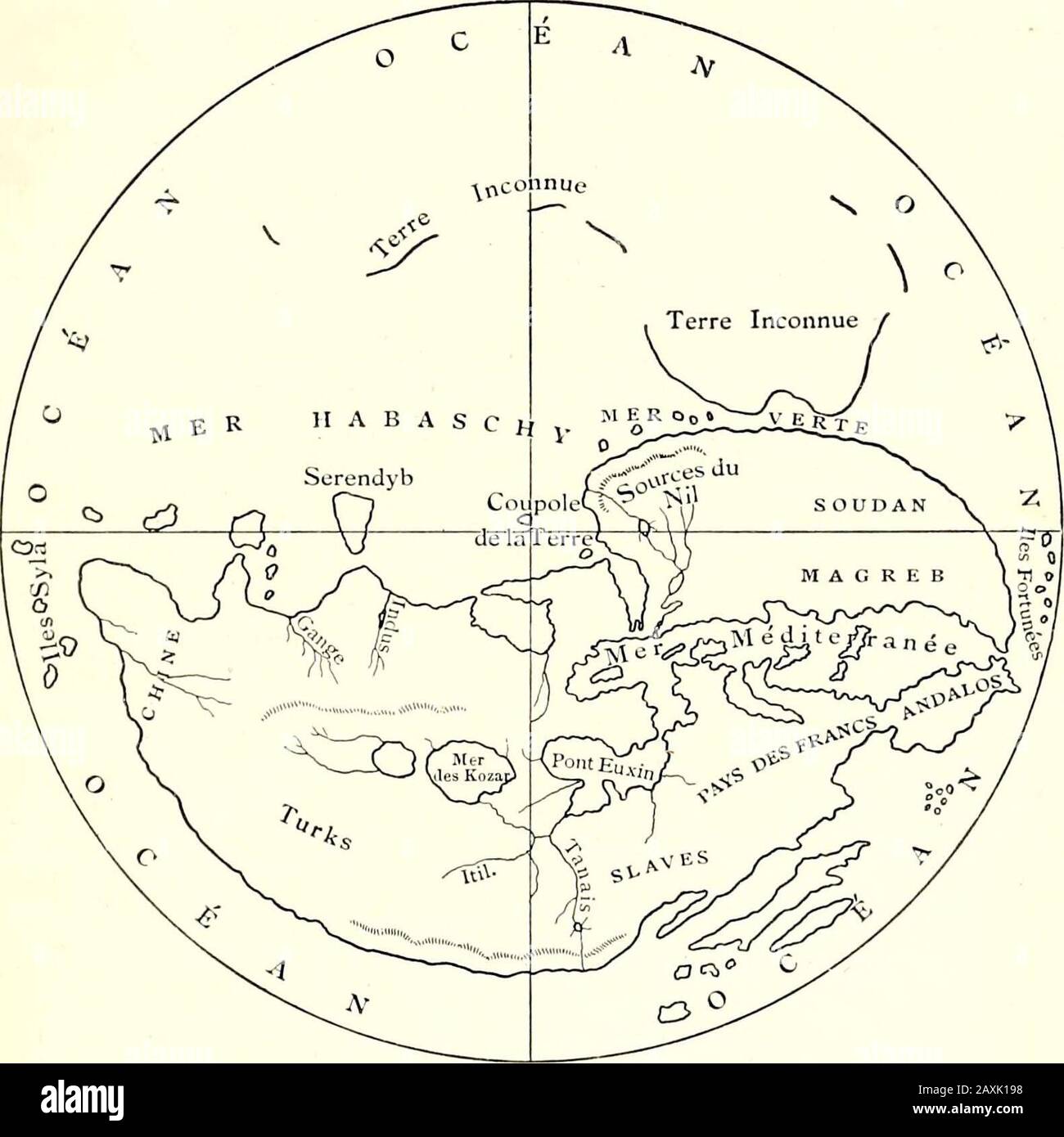 The dawn of modern geographyA history of exploration and geographical science .. . e Western Ocean and goes to theextremity of China,—a space of twelve hours (in the daily revolution of thesun), which amounts to half the circumference of the earth, or 13,500 ofthose miles which are in use in such a measurement. The breadth of thehabitable land extends from the equator northward to the Isle of Thule,which belongs to Britain, and where the longest day has twenty hours—a distance of sixty degrees, or one-sixth of the circumference of the In the Christian geography of enough among the Arabs, and i Stock Photo