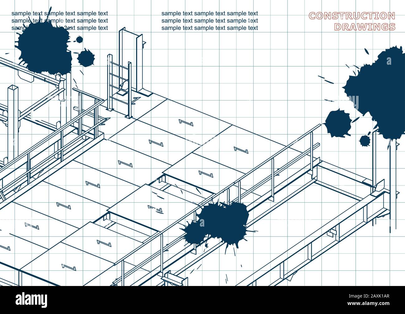 Building. Metal constructions. Volumetric constructions. 3D design. Abstract. Draft. Ink. Blots Stock Vector