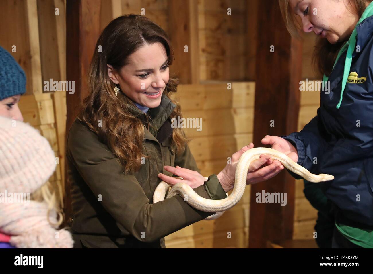 The Duchess of Cambridge handles a snake during a visit to The Ark Open Farm, at Newtownards, near Belfast, where she is meeting with parents and grandparents to discuss their experiences of raising young children for her Early Childhood survey. Stock Photo