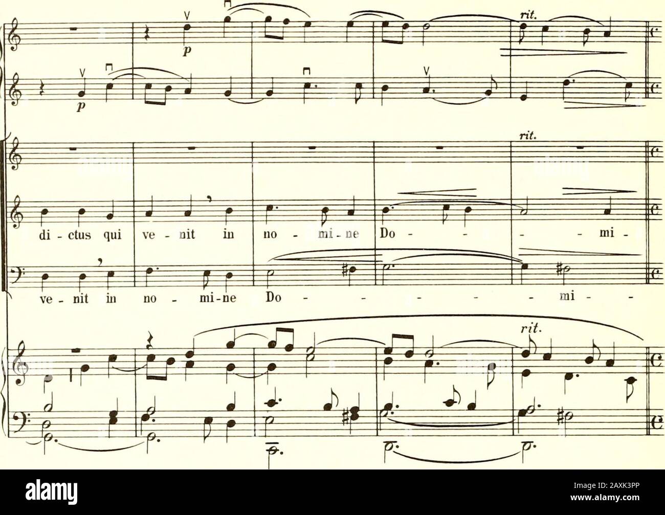 Studenten-Messe : für Knabenstimme, Tenor, Bass, Orgel und 2 Violinen; für den Praktischen Liturgischen Chorgebrauch eingerichtet von Alfons Schlögl . Larghetto. £ s? s E, ; • ? p &lt;f I s J. Ju A i f r -p f^ r Ped. 0Mm © m^ ^m ^^ i =m m ^^ j nJ. j §6 Do i ni.P m ^mm ^ mi m, be - ne - r r ir r j  m TT^ ^a ±E^ ® Be - ne - di - ctus qui #N=j i P =p=*f ^? ^- ^j f= I J 2 3 i pj g r r ^ r r- v- U. E. 4957. 46. Allegro, quasi alla breve m ^m ?)V £ ^¥¥ 3== »r / & r r- £Eg «sf E^ Stock Photo