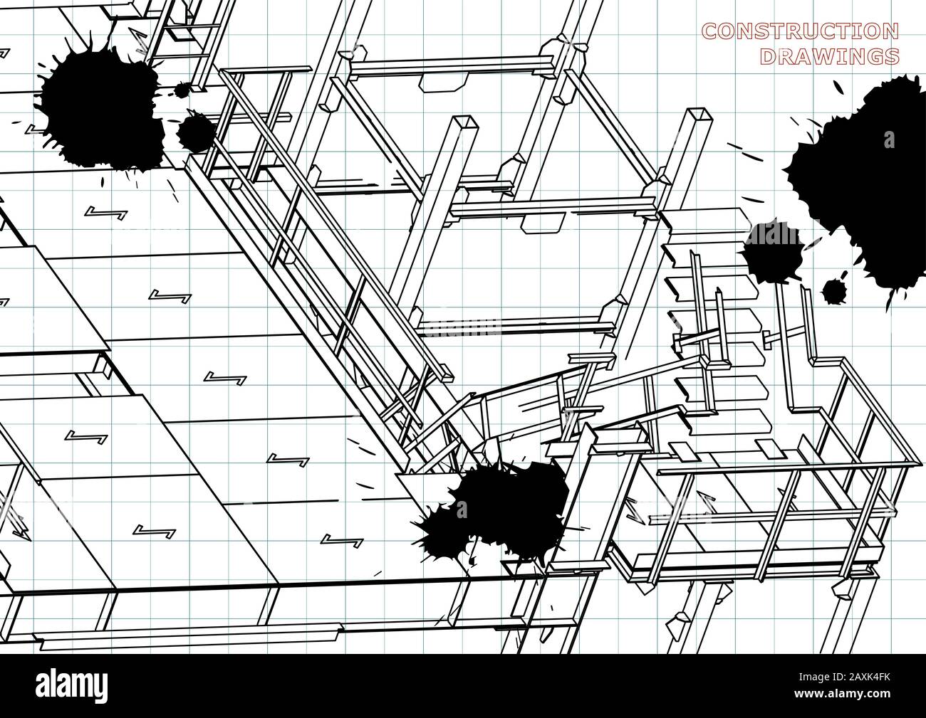Building. Metal constructions. Volumetric constructions. 3D. Draft. Black Ink. Blots Stock Vector