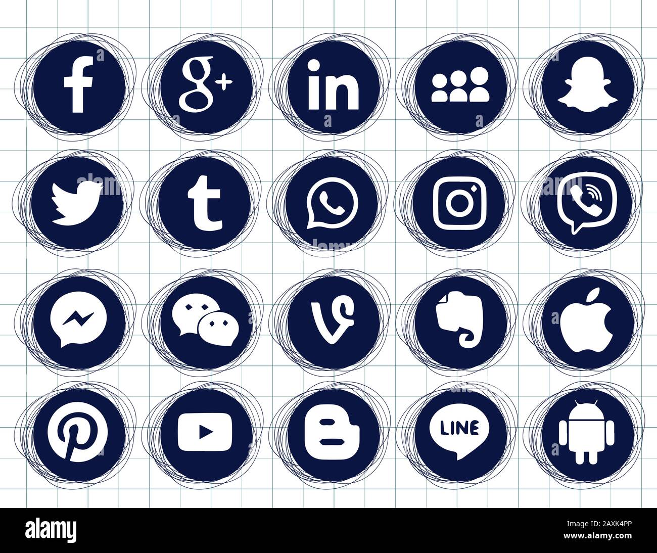 Drawing on the notebook sheet. Collection of popular social media icons