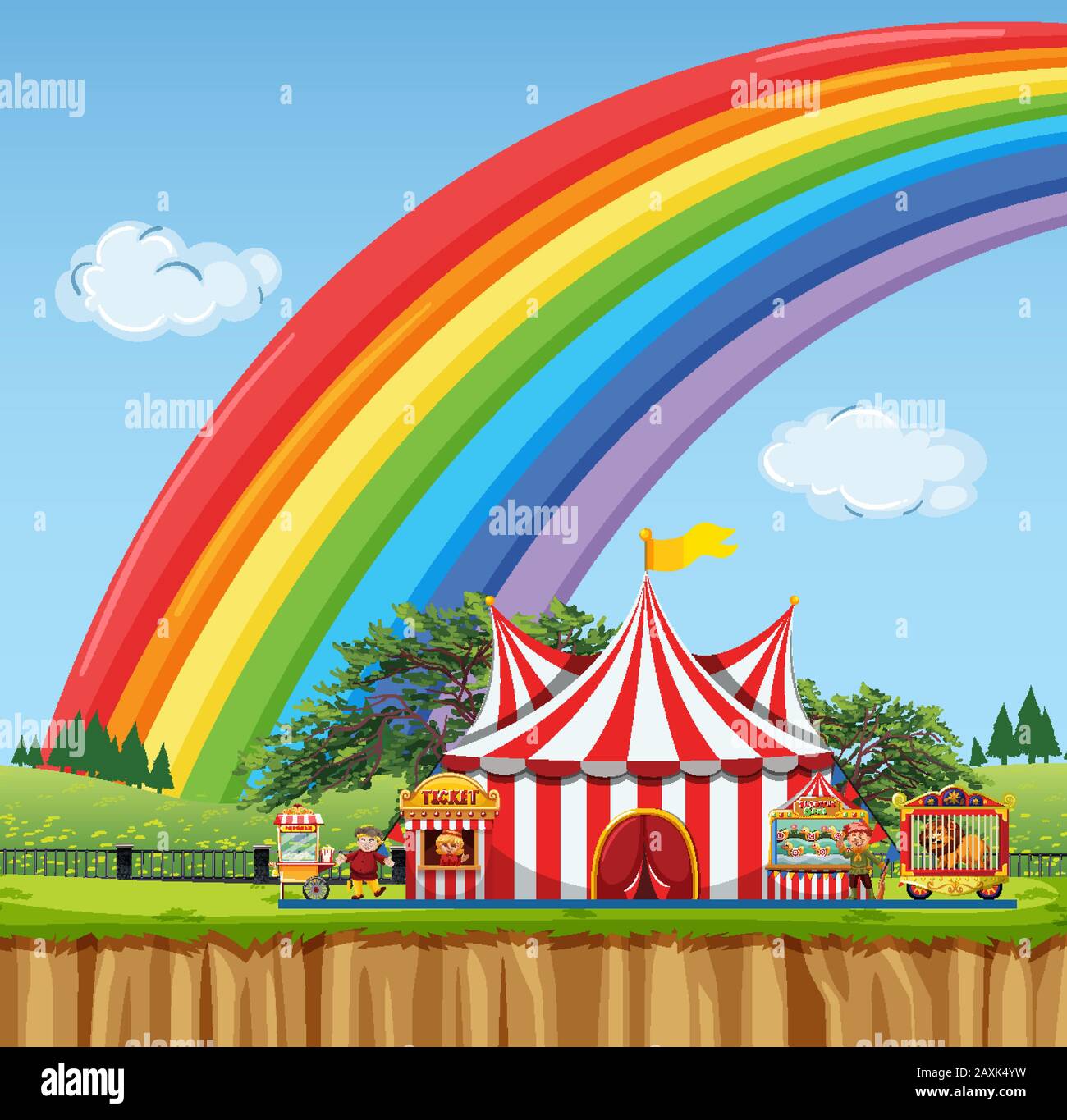 Circus Scene With Rainbow In The Sky Illustration Stock Vector Image And Art Alamy 