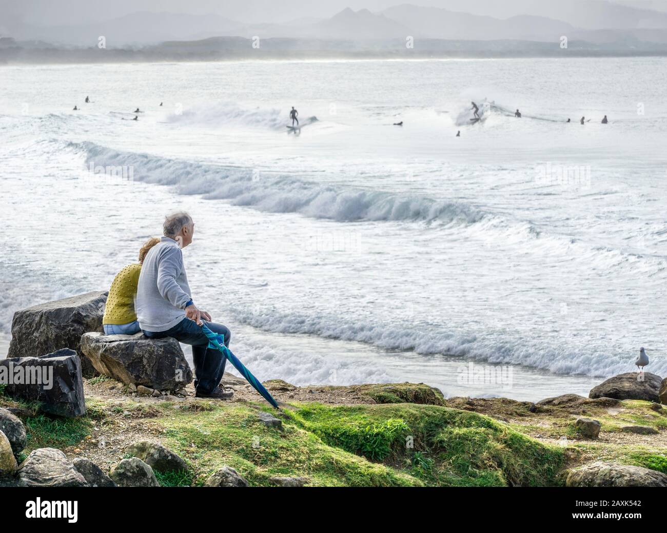Australia, Queensland, Pacific, Senior couple watching surfers Stock Photo