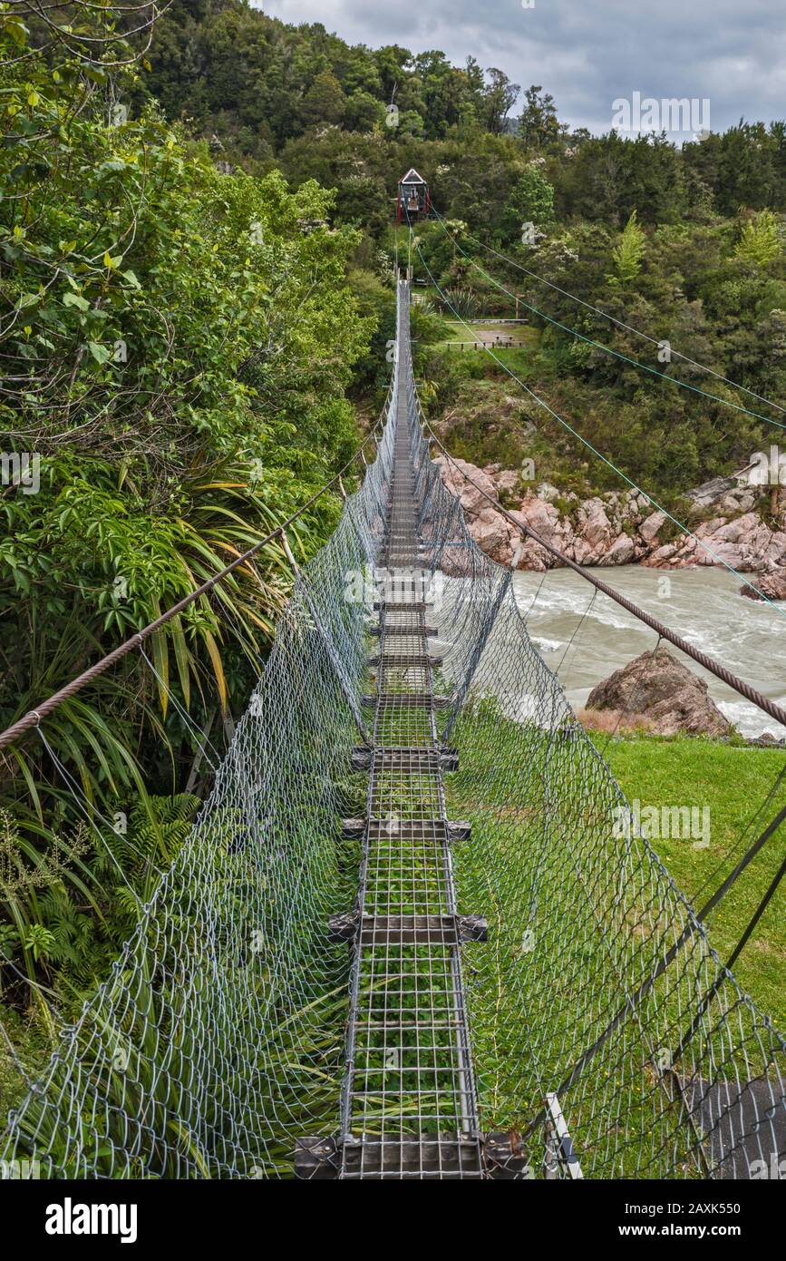Buller Gorge Swing Bridge, Buller River, near Murchison, Tasman District, South Island, New Zealand Stock Photo