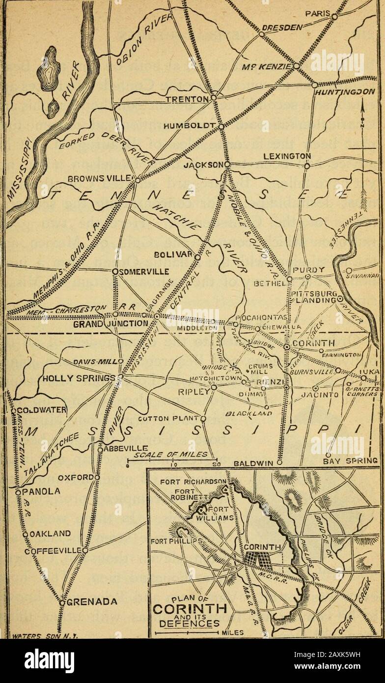Life and deeds of General Sherman, including the story of his great march to the sea .. . COMMODORE FARRAGUT,. MAP SHOWING PliTbBURG LANDING AND CORINTH.14 209 210 GENERAL SHERMAN. but the great object aimed at both by him and Beau-regard was to concentrate the Confederate forces andestabHsh a second Hne of defence on the Memphis andCharleston railroad. Concentration had for some timepast been the favorite idea of Beauregard. If hisadvice had been taken in time, Donelson might notyet have fallen. Beauregard selected Corinth as themost desirable point for concentrating the scatteredforces of th Stock Photo