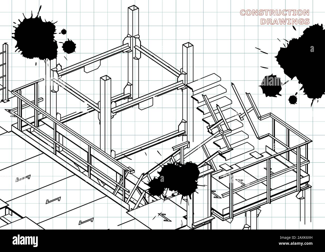 Building. Metal constructions. Volumetric constructions. Draft. Black Ink. Blots Stock Vector