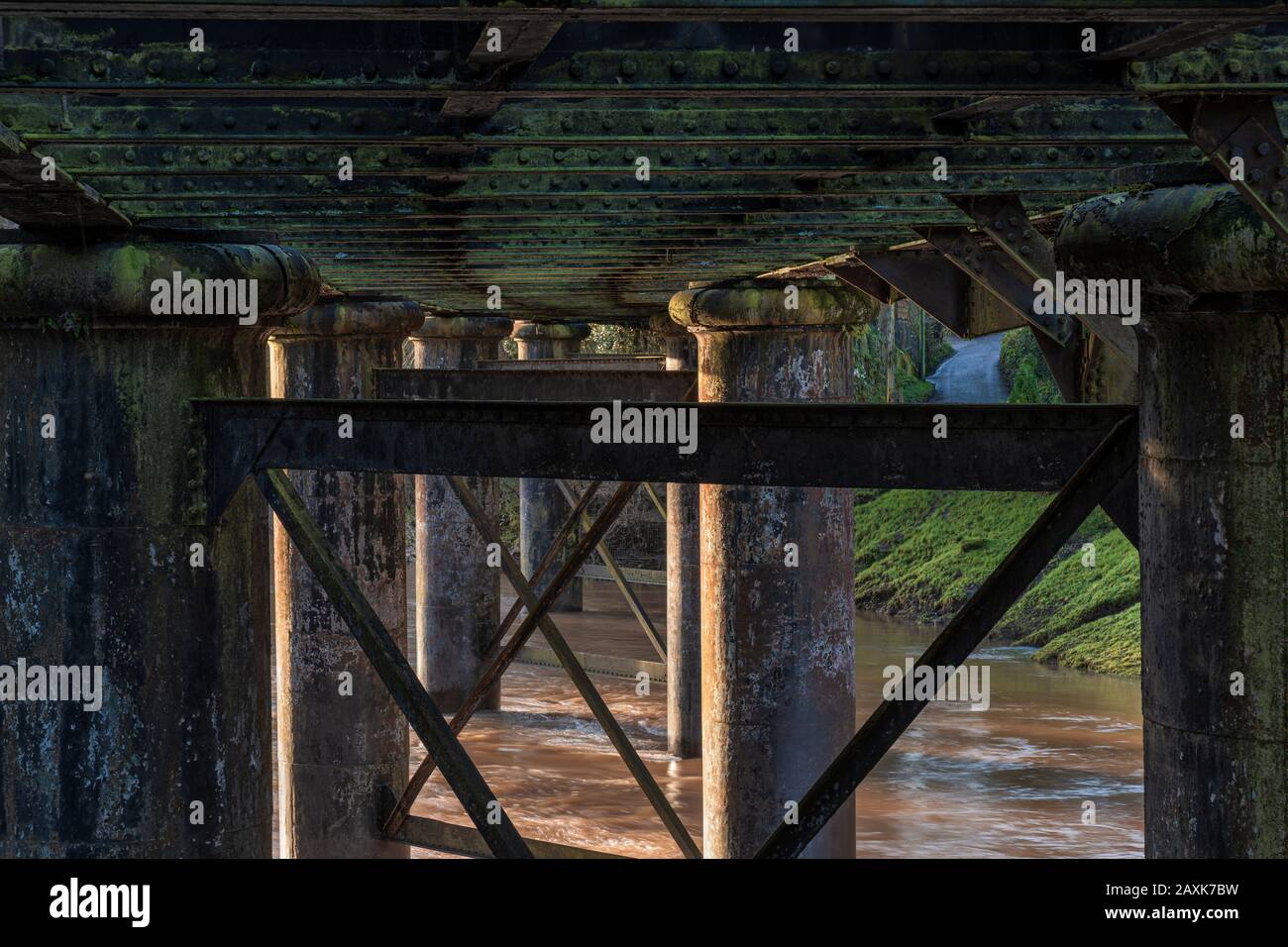 Steel footbridge over the river Wye at Redbrook. Stock Photo