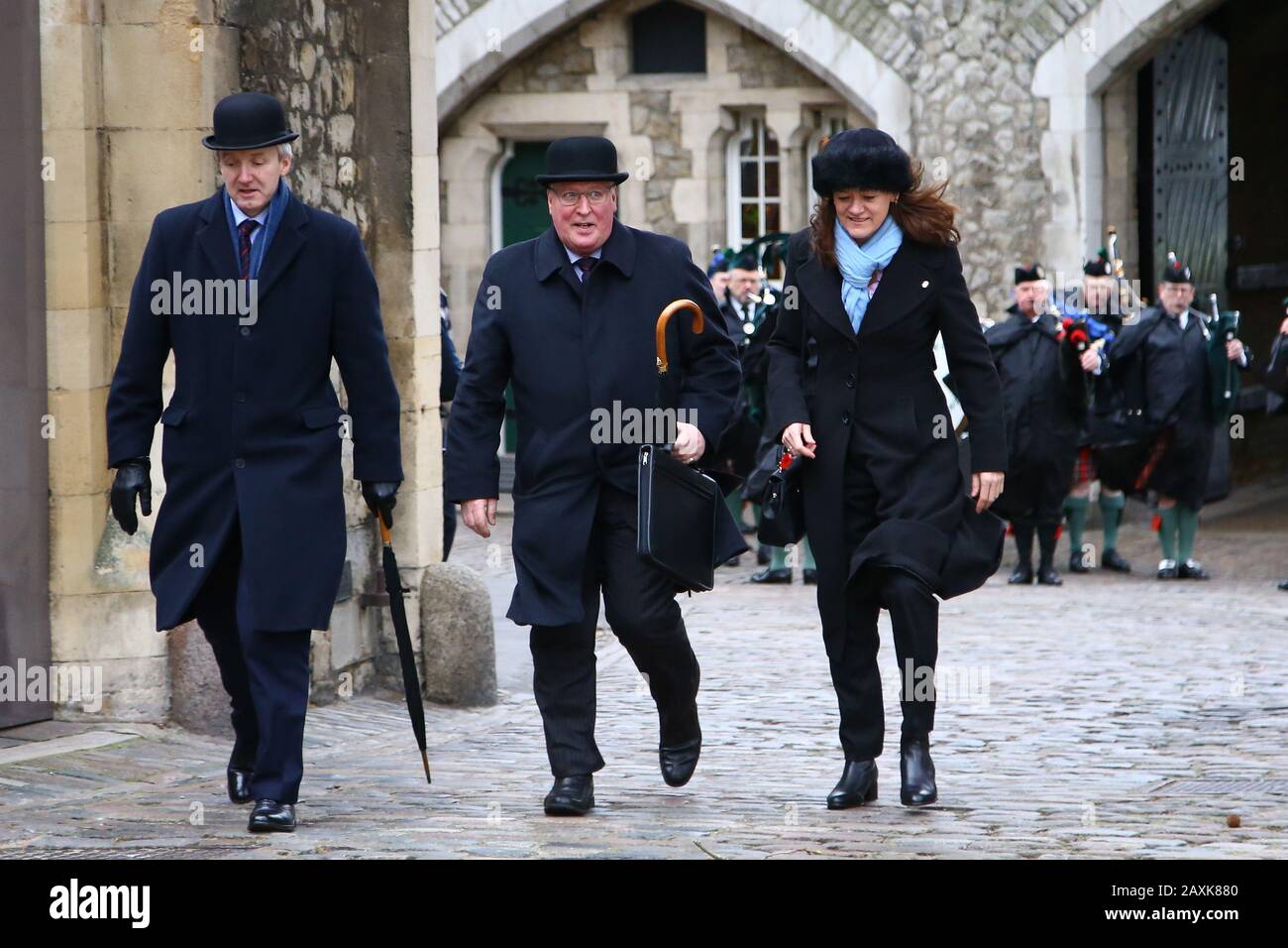 LONDON, ENGLAND. 09 FEBRUARY 2020: Major General Sir Benjamin John Bathurst KCVO CBE (L) Colonel Jeremy Green OBE (C) and Brigadier Vivienne Buck, Provost Marshal (Army) (R) at the Royal Military Police, parade alongside RMP veterans at The Tower of London, London, England. 09 February 2020 (Photo by Mitchell Gunn/Espa-Images) Stock Photo