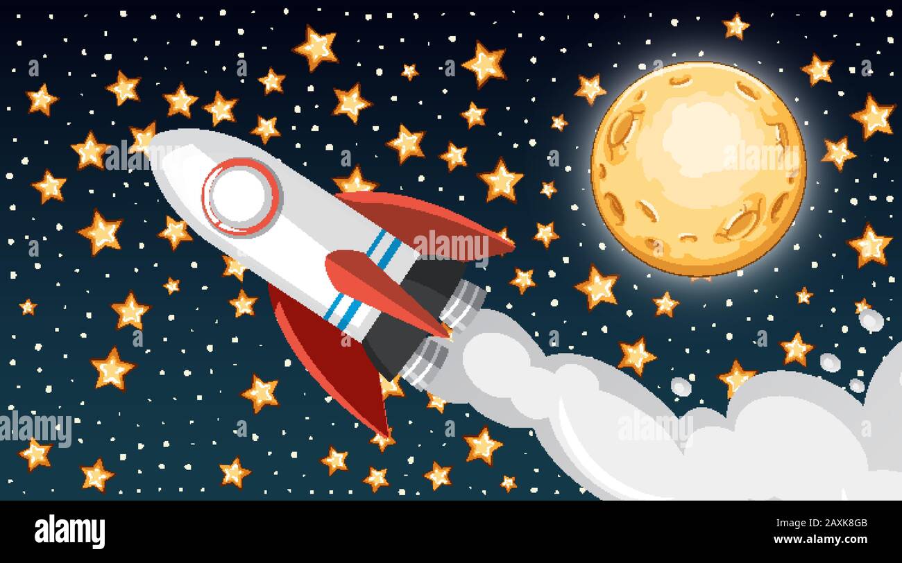 Background design with spaceship flying in the sky illustration Stock ...