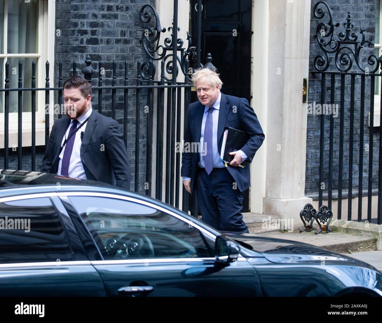 London, UK. 12th Feb, 2020. British Prime Minister, Boris Johnson, leaves Number 10 Downing Street to go to the House of Commons for Prime Minister's Questions. He will be facing questions from the Opposition about his announcement to go ahead with the High Speed Rail project, known as HS2. Credit: Tommy London/Alamy Live News Stock Photo