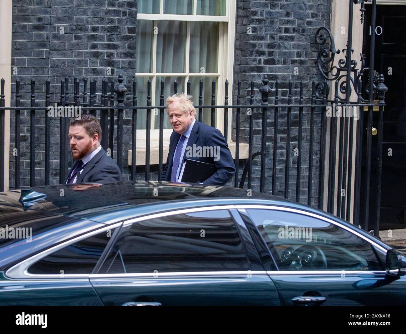 London, UK. 12th Feb, 2020. British Prime Minister, Boris Johnson, leaves Number 10 Downing Street to go to the House of Commons for Prime Minister's Questions. He will be facing questions from the Opposition about his announcement to go ahead with the High Speed Rail project, known as HS2. Credit: Tommy London/Alamy Live News Stock Photo