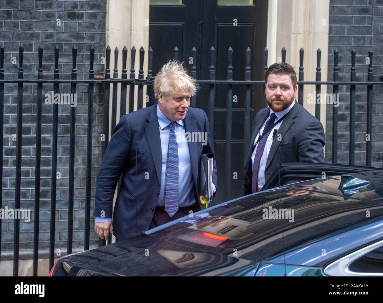 London, UK. 12th Feb, 2020. British Prime Minister, Boris Johnson, leaves Number 10 Downing Street to go to the House of Commons for Prime Minister's Questions. He will be facing questions from the Opposition about his announcement to go ahead with the High Speed Rail project, known as HS2. Credit: Tommy London/Alamy Live News Stock Photo