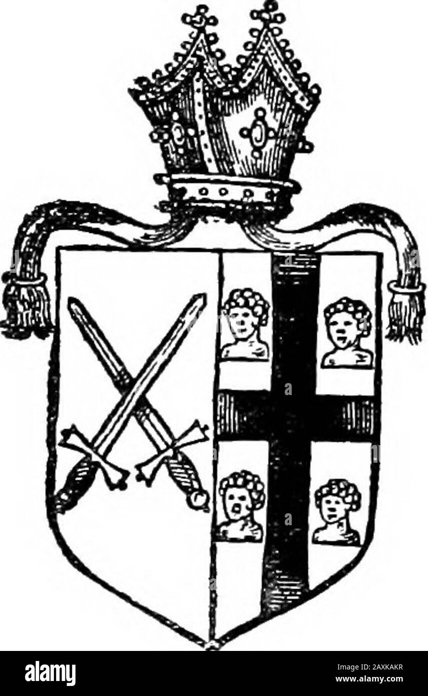 Peacham's Compleat gentleman, 1634 . He beareth Or, a lion Ram-pand regardant Sable, beingthe Paternall Coate of theRight Honourable Sir lohnVaughan, of the Golden grovein the Countie oi Carmarthenin the Principalitie of WallesKnight, Baron Vaughan ofMo/iftgar, and Earle of Car-liury in Ireland.. The Right ReverendFather in God, Williamluxen. Lord Bifliop of Lon-don^ Deane of His Ma-jefties Chappell Royall. Beareth thefe two Coatsimpaled, {viz..) Gules twoSwords in Saltier Argent,their Hilts, and Pomelsextending towards the Bafeof the Efchocheon, Or;being the Armes of HisEpifcopall See, conjoy Stock Photo