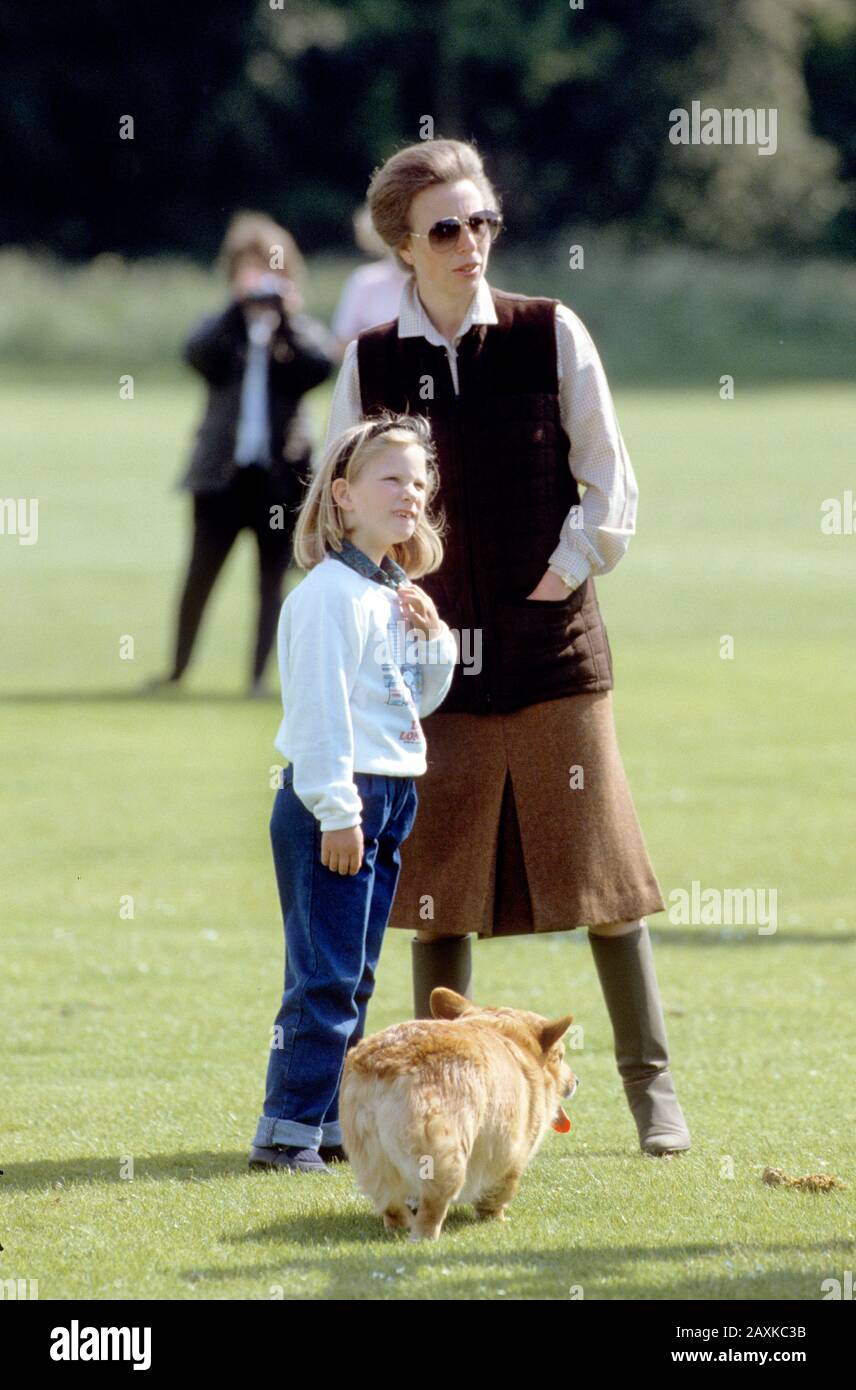 HRH Princess Anne and daughter Zara Phillips arrive to watch HRH Prince Charles play polo at Cirencester Park polo club, England July 1988 Stock Photo
