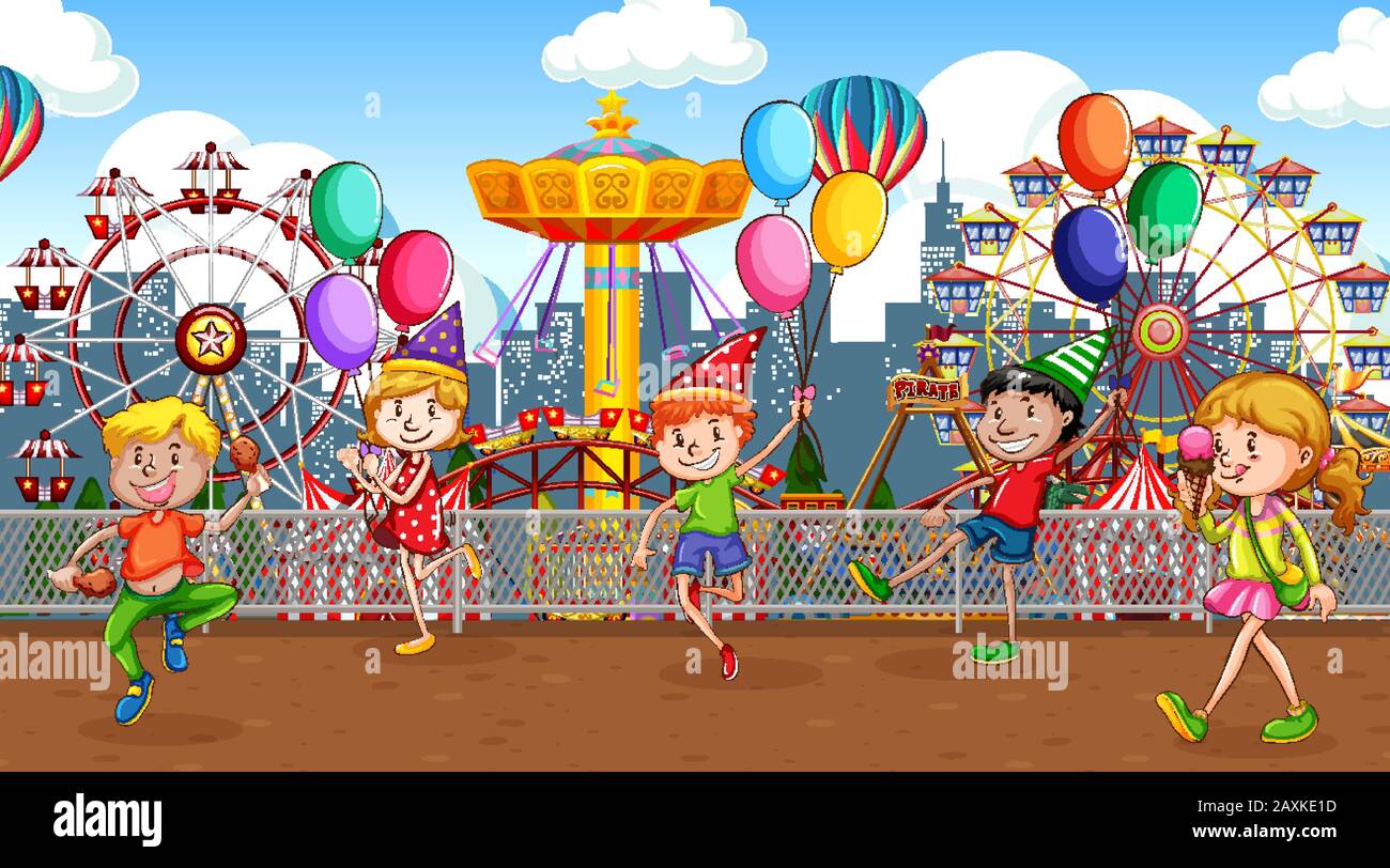 Scene with many children playing in the circus park illustration Stock ...