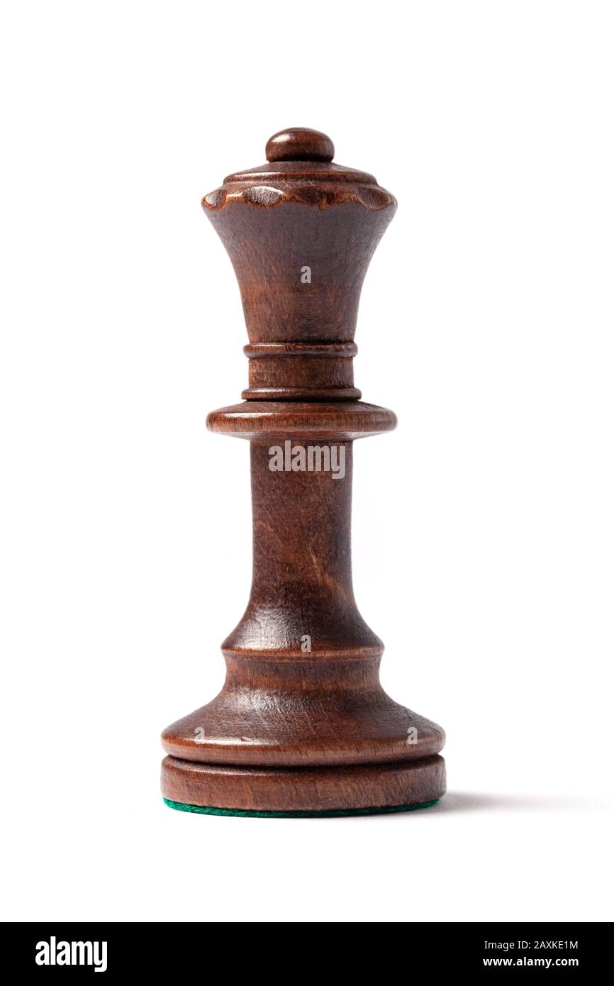 Black queen, single wooden chess piece, figure isolated on white background. Stock Photo