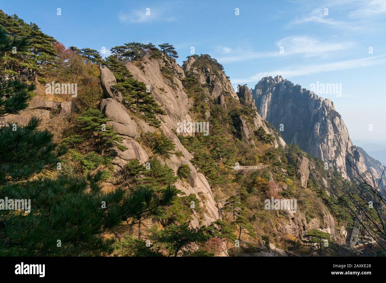 Oddly-shaped rocks on a foggy day during spring time. Landscape of the Huangshan Mountain in China Stock Photo