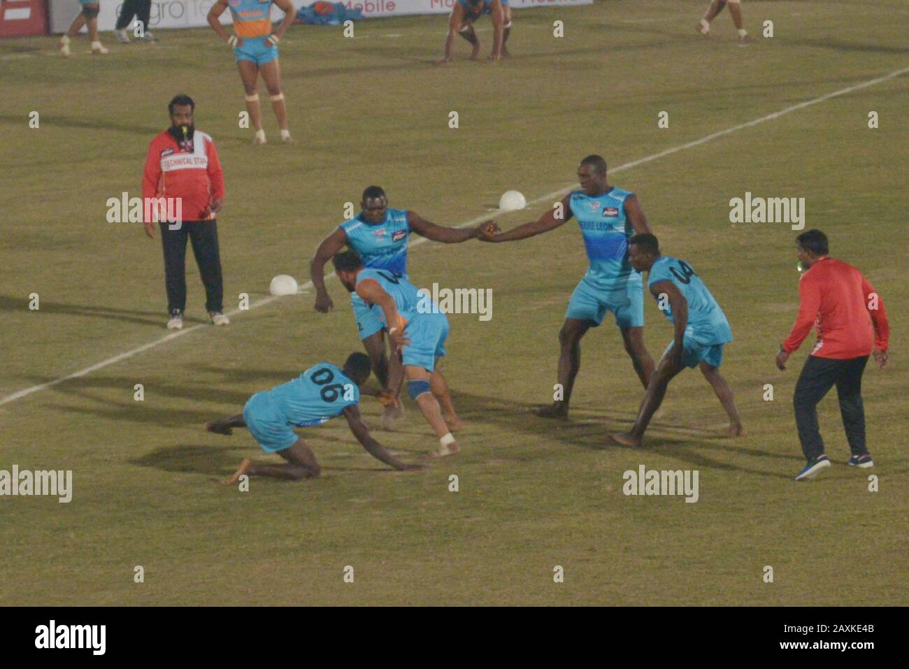 Kabaddi players seem in action during the match playing between India vs Sierra Leone, as Indian Kabaddi team win by 18-45 during Kabaddi World Cup 2020 at Punjab Stadium Lahore. Kabaddi World Cup 2020 begins in Pakistan. All is set for the 'Kabaddi World Cup 2020' being hosted in three cities Lahore, Faisalabad and Gujrat from February 09 to 16 February. respectively. The event is jointly organized by Punjab government, Sports Board Punjab (SBP) and Pakistan Kabaddi Federation (PKF). (Photo by Rana Sajid Hussain/Pacific Press) Stock Photo