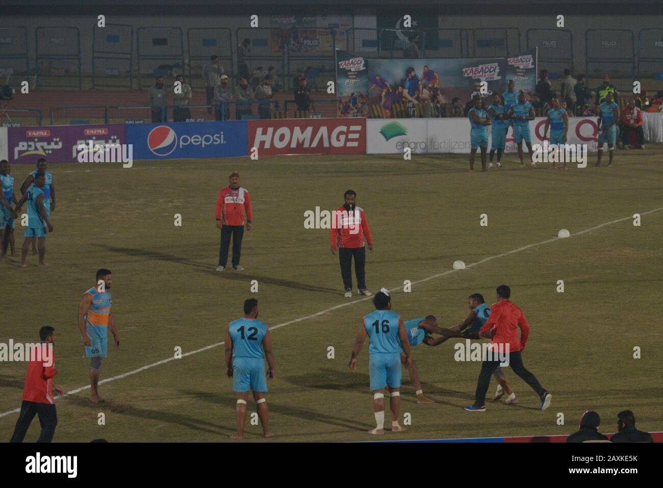 Kabaddi players seem in action during the match playing between India vs Sierra Leone, as Indian Kabaddi team win by 18-45 during Kabaddi World Cup 2020 at Punjab Stadium Lahore. Kabaddi World Cup 2020 begins in Pakistan. All is set for the 'Kabaddi World Cup 2020' being hosted in three cities Lahore, Faisalabad and Gujrat from February 09 to 16 February. respectively. The event is jointly organized by Punjab government, Sports Board Punjab (SBP) and Pakistan Kabaddi Federation (PKF). (Photo by Rana Sajid Hussain/Pacific Press) Stock Photo