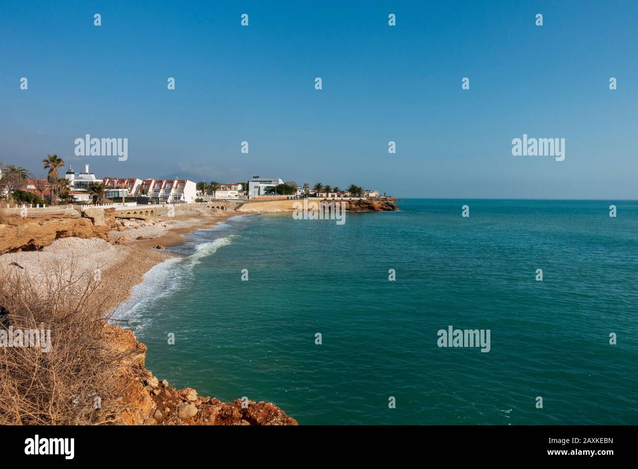 The coast in Vinaroz on a clear day, Costa Azahar, Spain Stock Photo