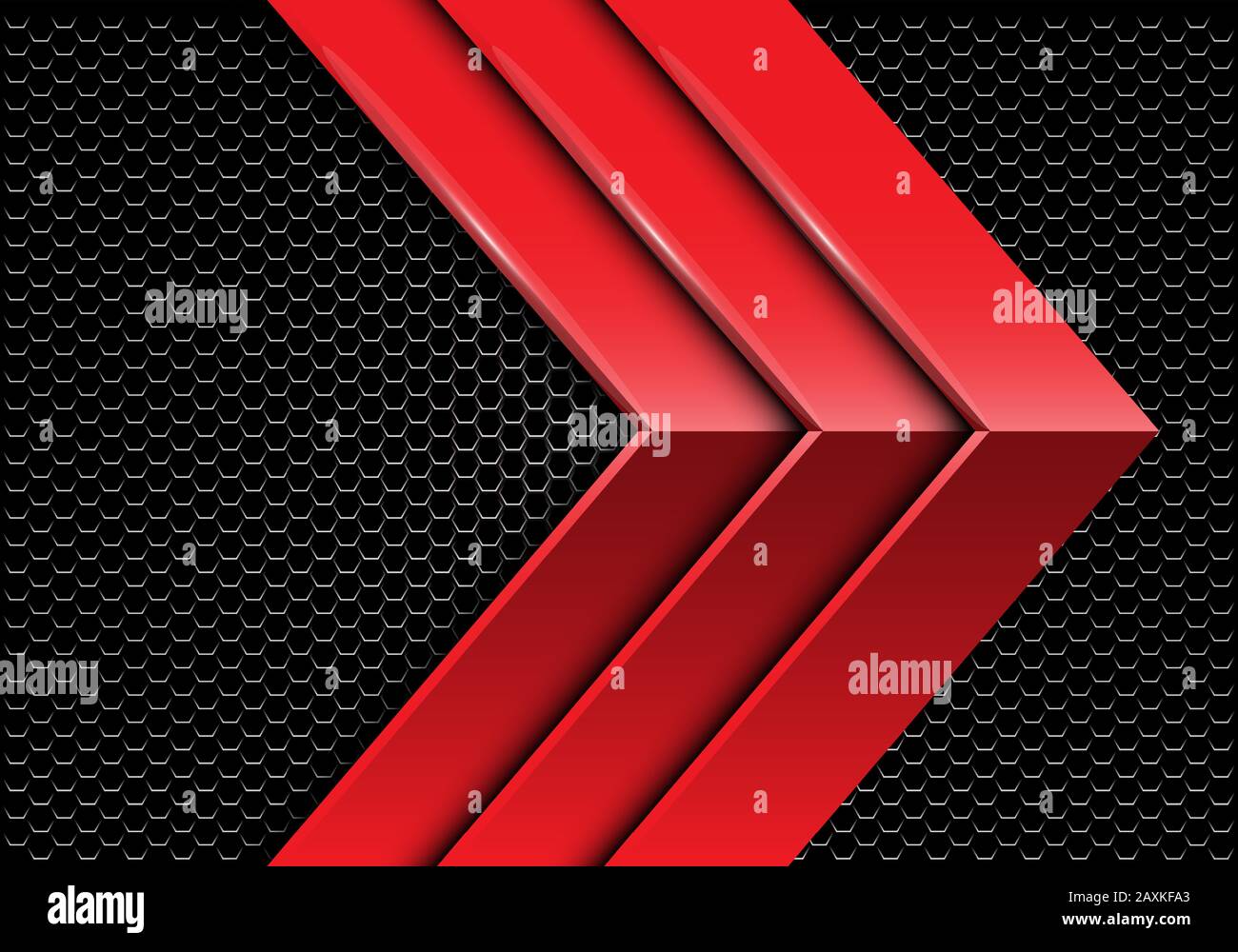 Abstract triple red metallic arrow direction on dark hexagon mesh design modern futuristic background vector illustration. Stock Vector