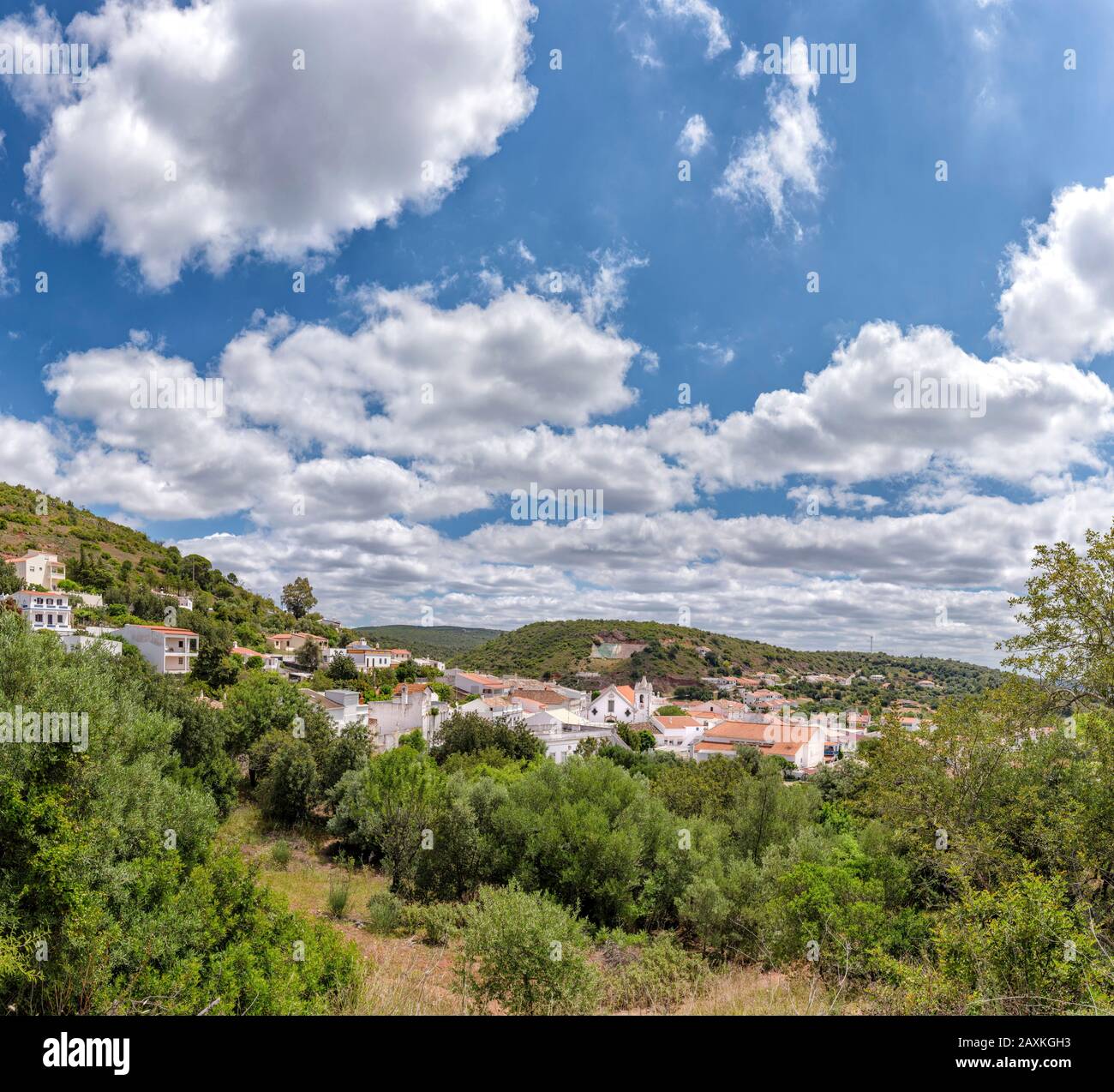 View at a white-washed village among the hills, Alte,   Portugal, Stock Photo