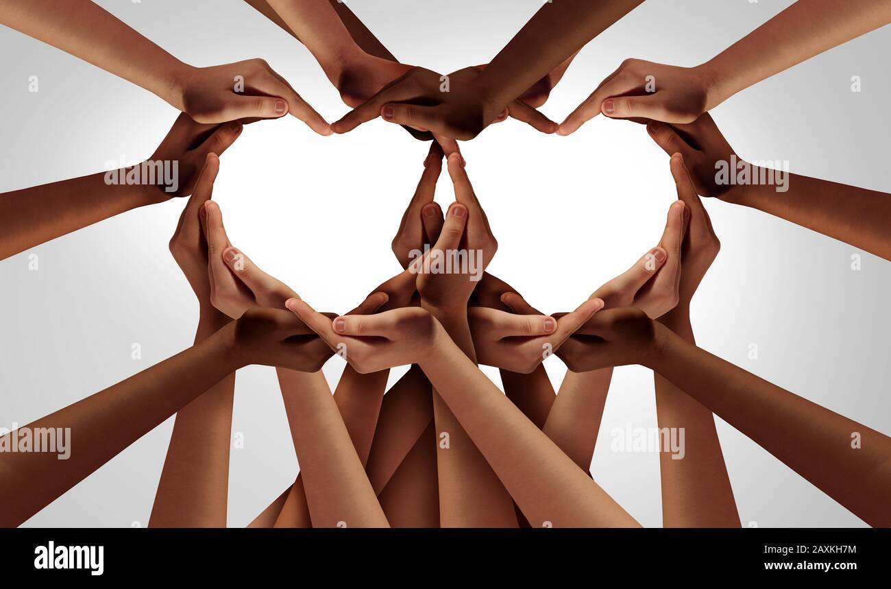 Diversity love and unity partnership as heart hands in groups of diverse people connected together shaped as an inclusion and inclusive. Stock Photo