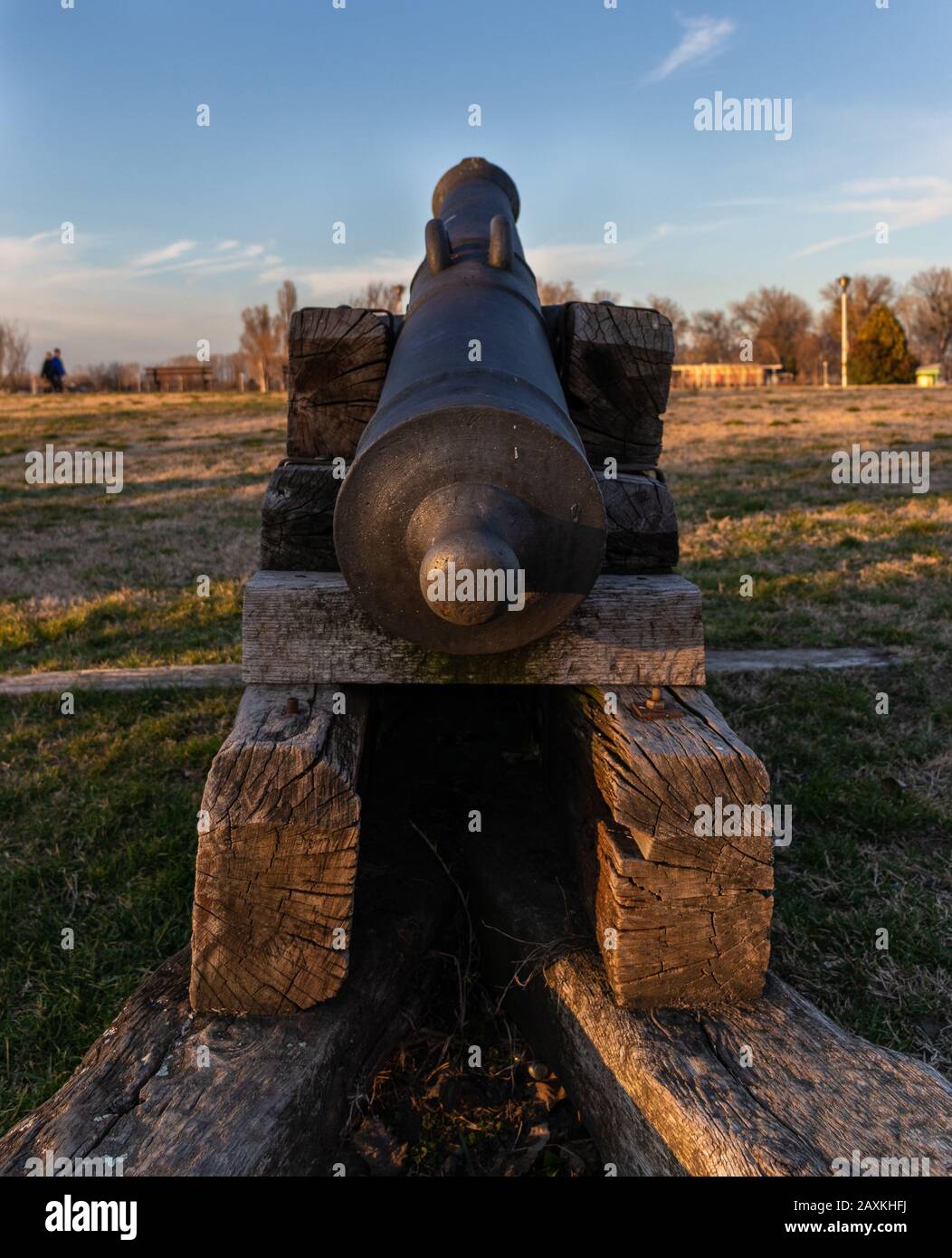 Behind shot of an old rusty canon in a grassy field Stock Photo