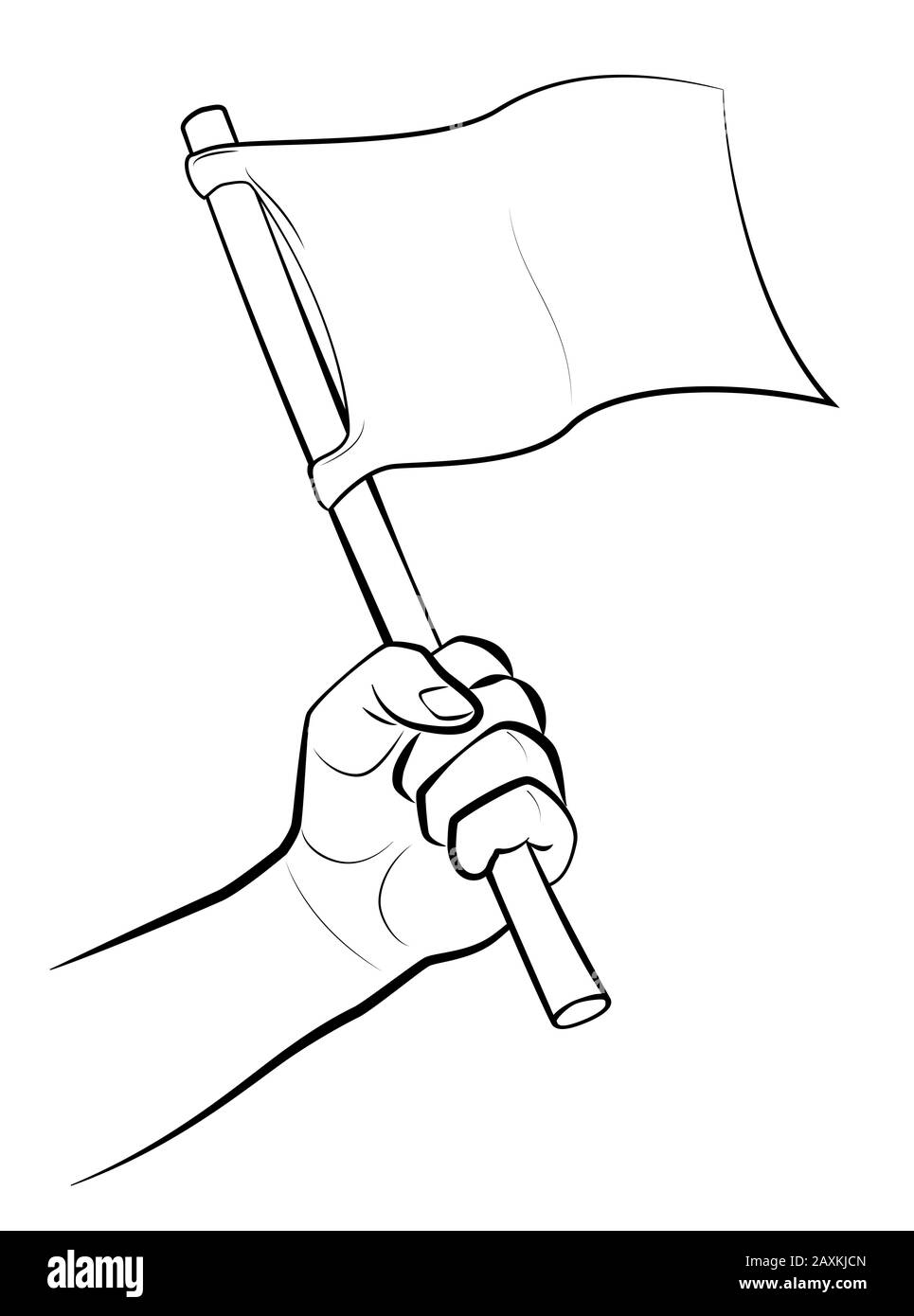 Waving white flag. Male hand with symbol or signal for surrender, capitulation, conceding victory or offering peace  - comic illustration. Stock Photo