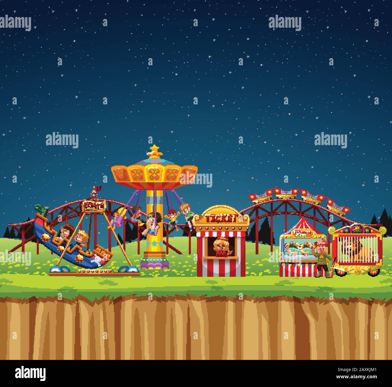Circus scene with people on the rides at night illustration Stock ...