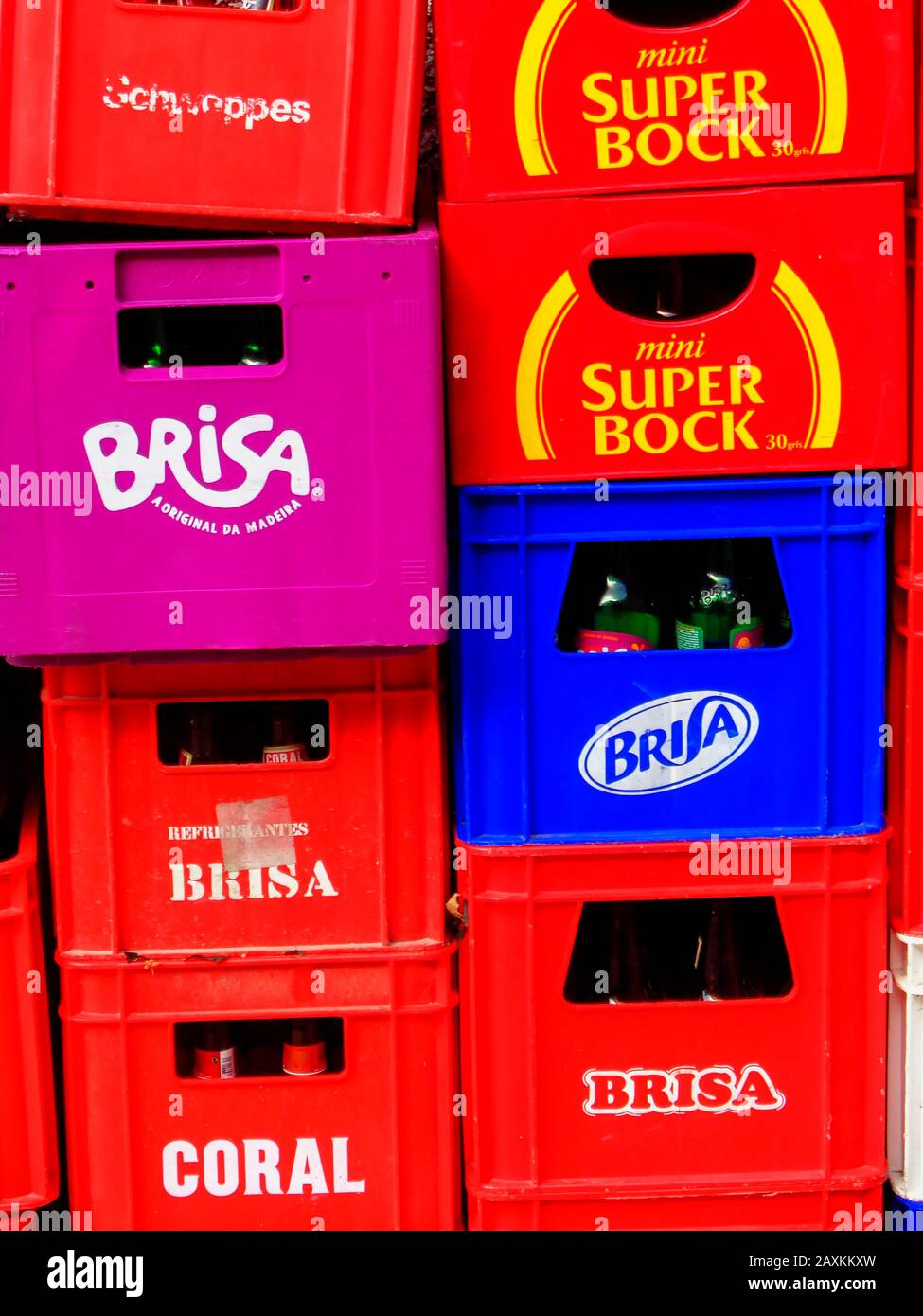 Colourful soft drink crates abstract awaiting collection, Nun's Valley