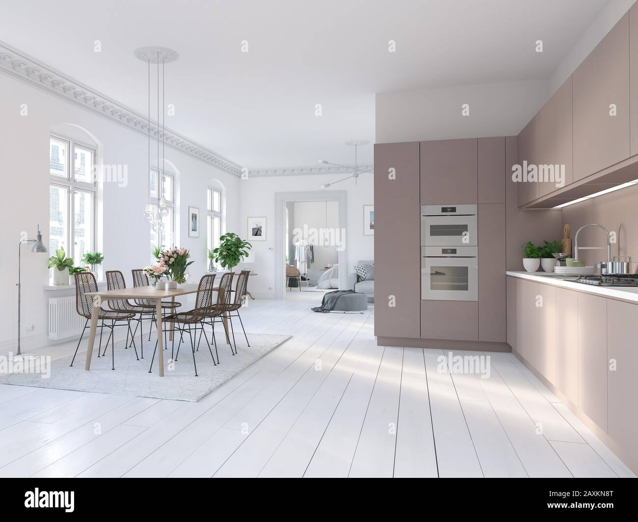 3D-Illustration of a nordic kitchen in modern aparment Stock Photo