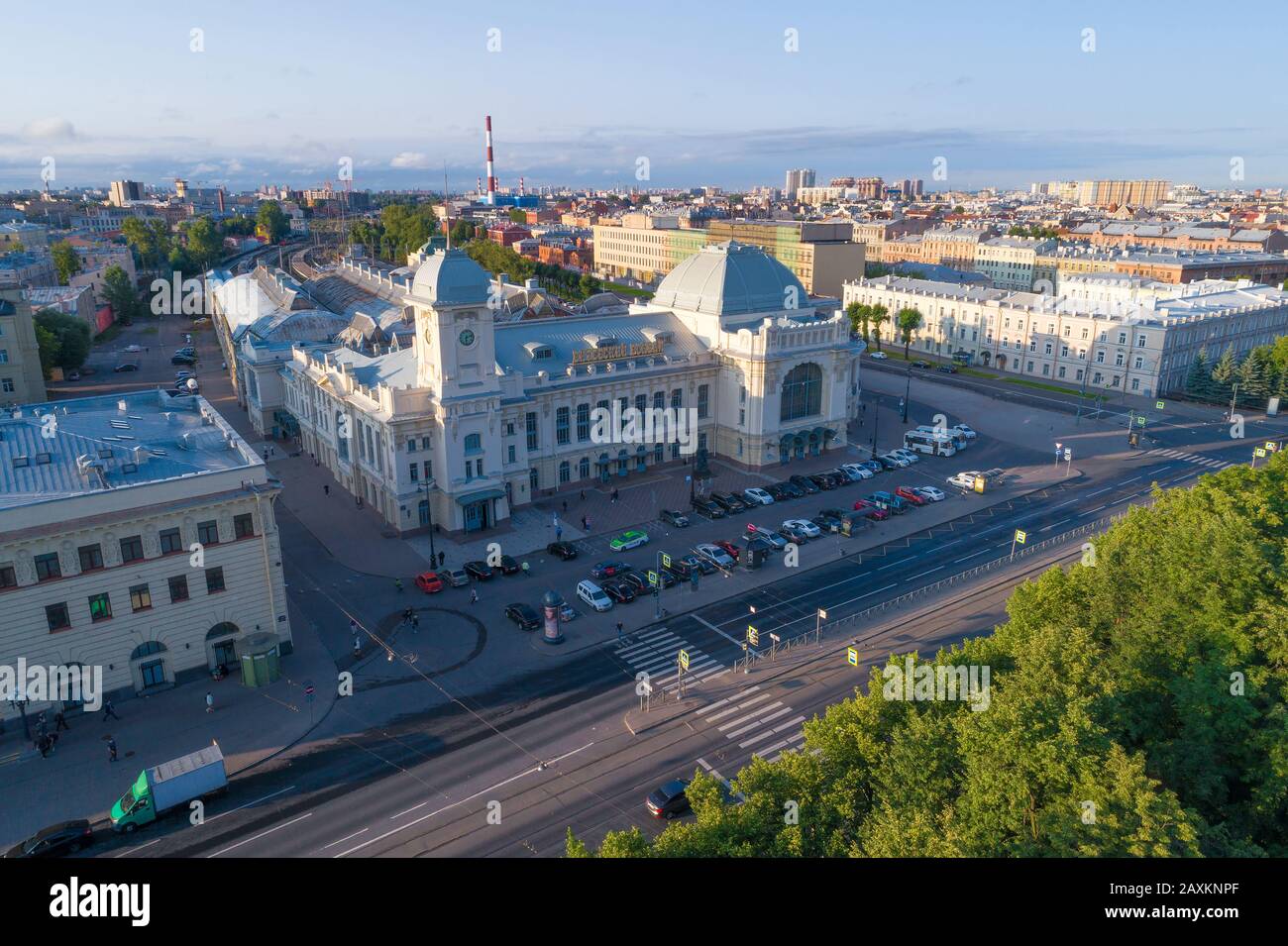 ST. PETERSBURG, RUSSIA - JULY 25, 2019: Aerial view of the old building of the Vitebsk railway station on a sunny July morning (aerial photography) Stock Photo