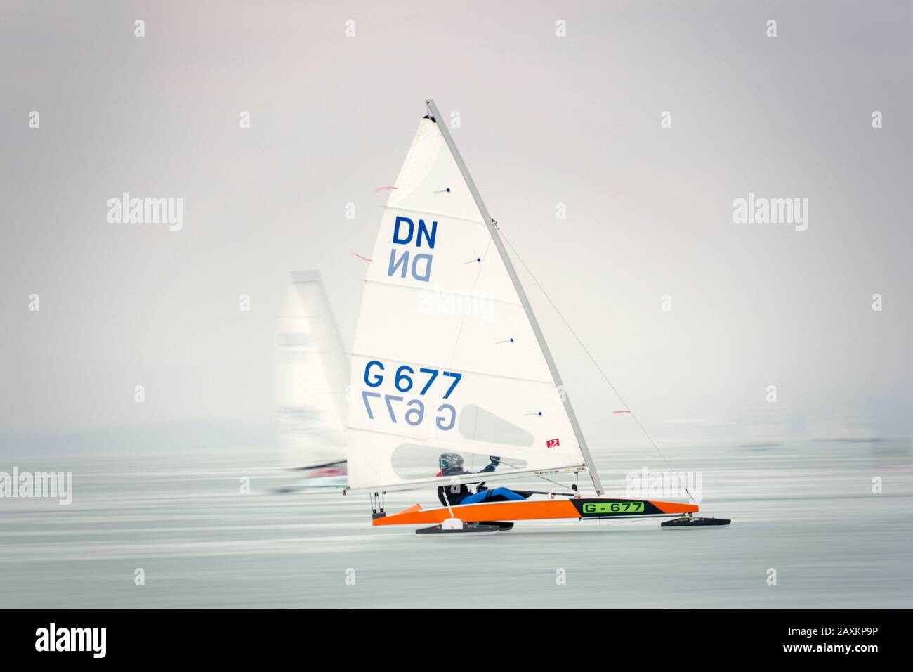 Ice sailing European championship on Lake Balaton in Hungary, ice-sailing at high speed on the way to the turning point Stock Photo