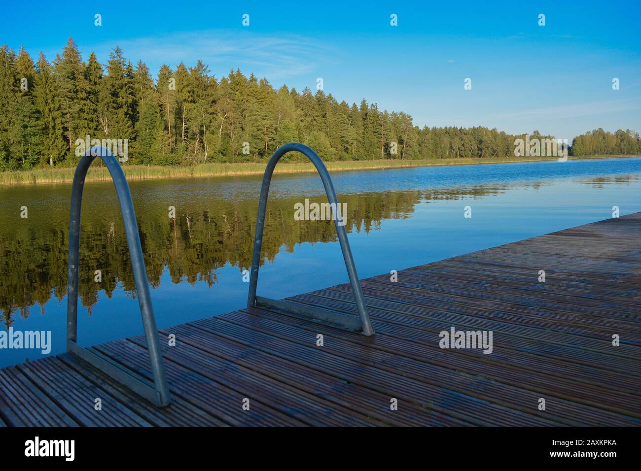 Relaxing summer day on a peaceful and clean river. Wooden platform steel ladders for a refreshing jump or a energetic swim. Forest reflects into water Stock Photo