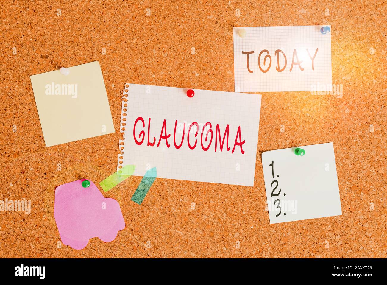 Word writing text Glaucoma. Business photo showcasing Eye diseases which result in damage to the optic nerve Vision loss Corkboard color size paper pi Stock Photo