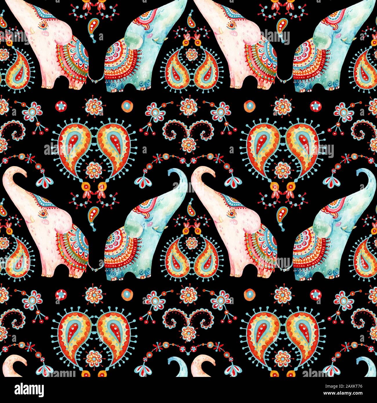 Tribal watercolor seamless pattern: elephant, paisley ornament. Ethnic  indian elephants background. Hand drawn illustration for prints, wallpaper,  clo Stock Photo - Alamy