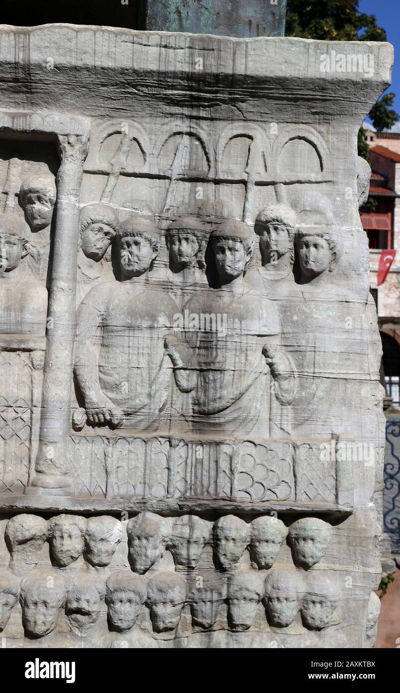 Turkey. Istanbul. Theodosius Obelisk. Pedestal. Emperor offering laurel of victory. 4th c.  Detail. Hippodrome. Stock Photo