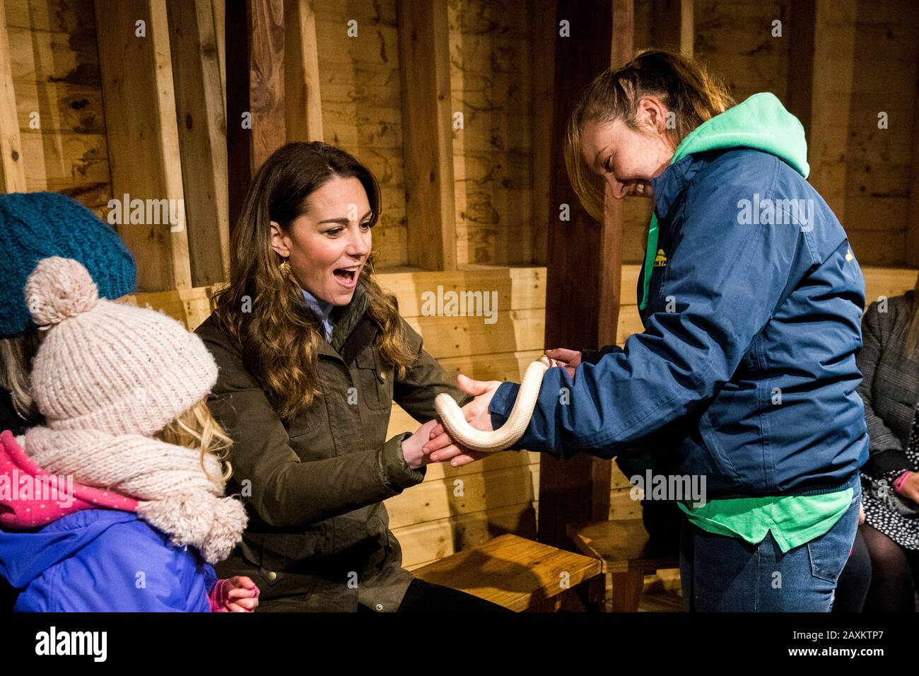 The Duchess of Cambridge is handed a corn snake named Sophie during a visit to the Ark Open Farm, at Newtownards, near Belfast, where she met with parents and grandparents to discuss their experiences of raising young children for her Early Childhood survey. PA Photo. Picture date: Wednesday February 12, 2020. See PA story ROYAL Kate. Photo credit should read: Liam McBurney/PA Wire Stock Photo